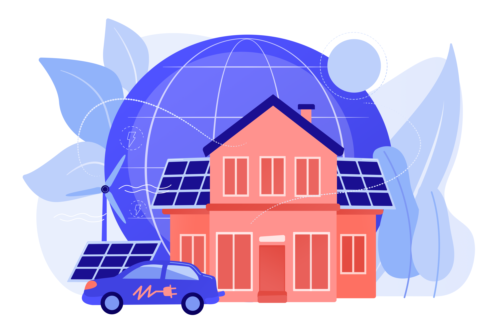 Haus mit PV-Anlage und E-Auto, im Hintergrund eine Weltkugel und Windräder