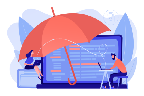 Frau und Mann arbeiten an großem Regenschirm, der viele unterschiedliche Prozesse und Informationen auf einem Notebook schützt