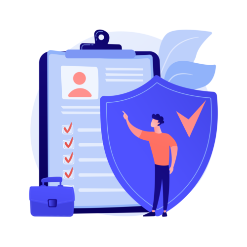 Mann vor einem Schild, das eine abgearbeitete Checkliste überdeckt