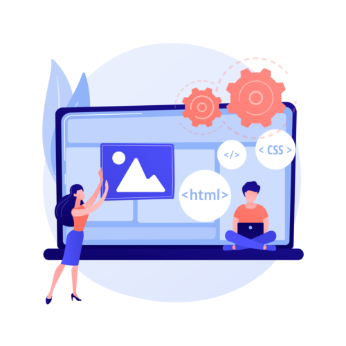 Frau positioniert Grafik auf einer Webseite, Mann sitzt mit Notebook und programmiert