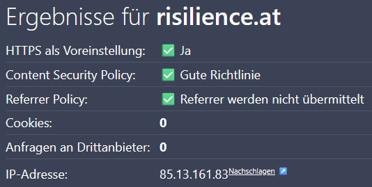 Screenshot des Testergebnisses vom Compliance-Checker Webbkoll für die Webseite RISilience.at