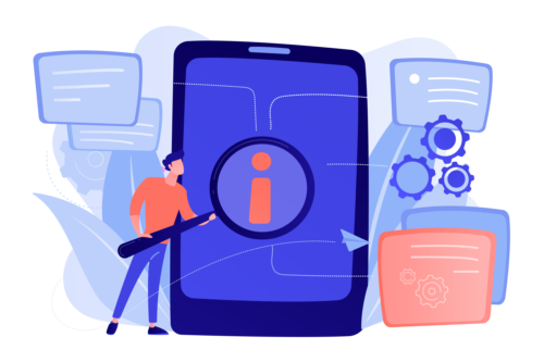 Mann sucht Informationen mit der Lupe in einem großen Gerät und den Daten darauf