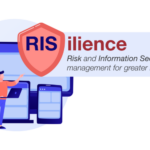 RISilience Logo mit Claim 'Risk and Information Security management for greater resilience.' vor einigen IT-Geräten und einem Mann mit Notebook